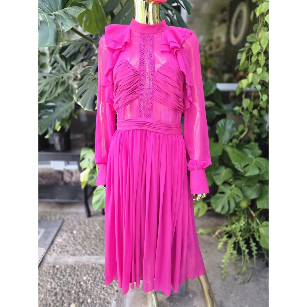 Self-Portrait Fuchsia Pink Chiffon Ruffle Lace Midi Dress Long Sleeve US 8 UK 12